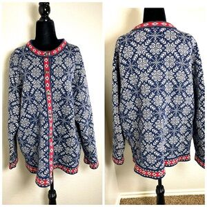 Women’s LL Bean Lambs’ Wool Snow Flake Holiday Button Up Sweater Size 2X
